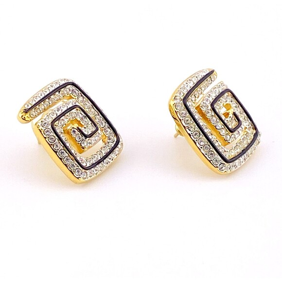 Swarovski Earrings Signed Square Spiral Pavê Crystal Black Enamel Swan Mark Post - Picture 4 of 7